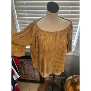 Just Be Gold Metallic Accordion Pleat Off Shoulder Blouse Plus Size 2X Holiday